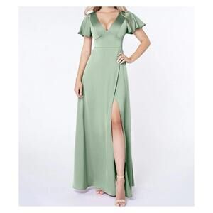 AZAZIE Lani Agave short sleeve maxi satin bridesmaids dress sz 10